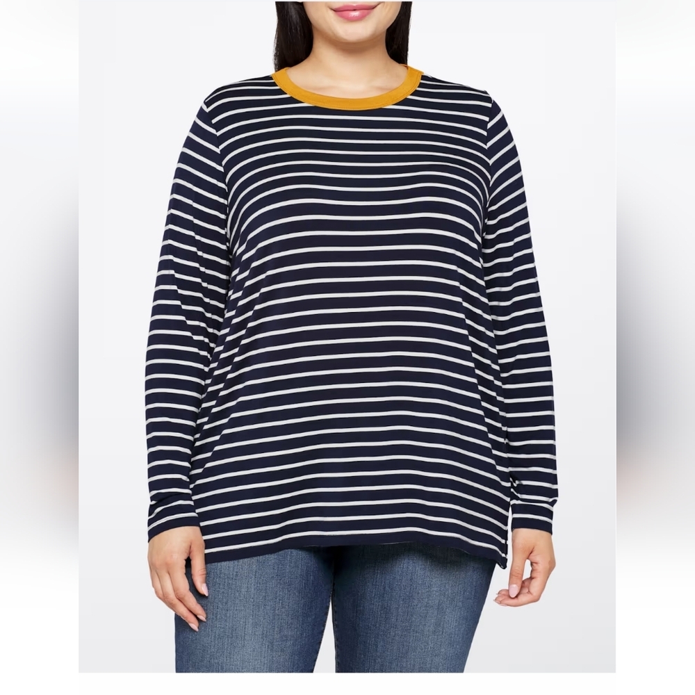 Market & Spruce Navy and White Striped Crew Neck Long Sleeve Top